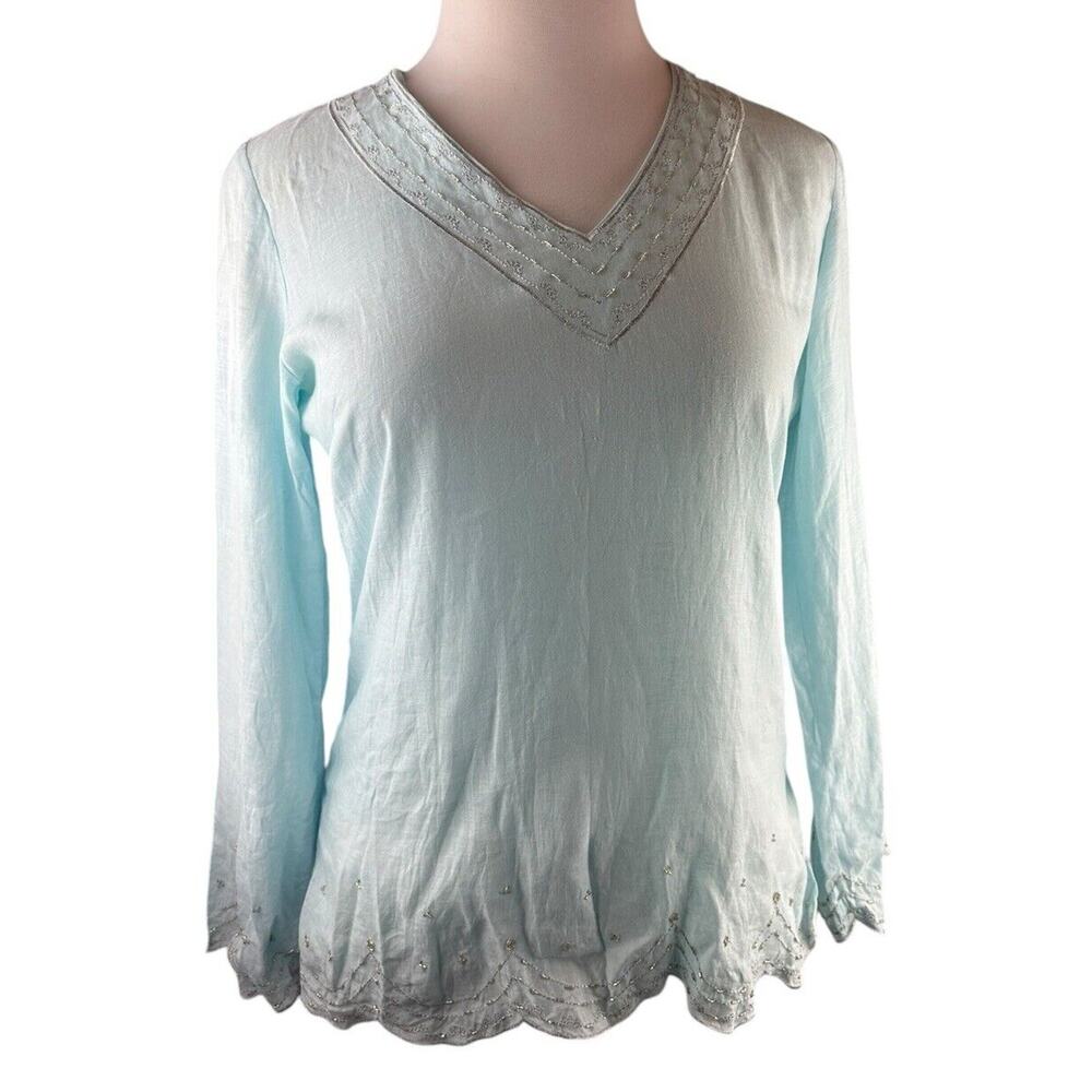 ✨2/$20 Flawed Lilly Pulitzer Linen Beaded Blouse Light Blue Top Small H11153 - Picture 13 of 16